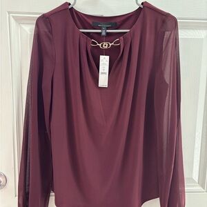 White House Black Market Burgundy Blouse with Gold Detail